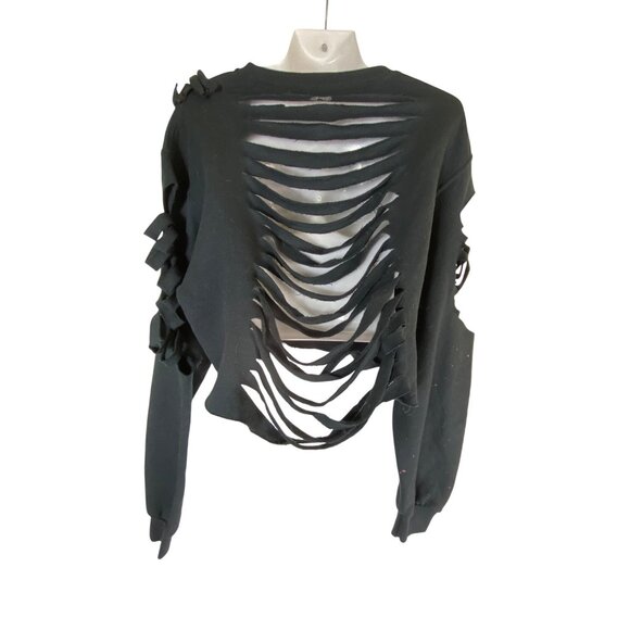 Black Distressed Splatter Paint Cropped Sweatshirt Medium Shredded Punk Eighties - Picture 4 of 6